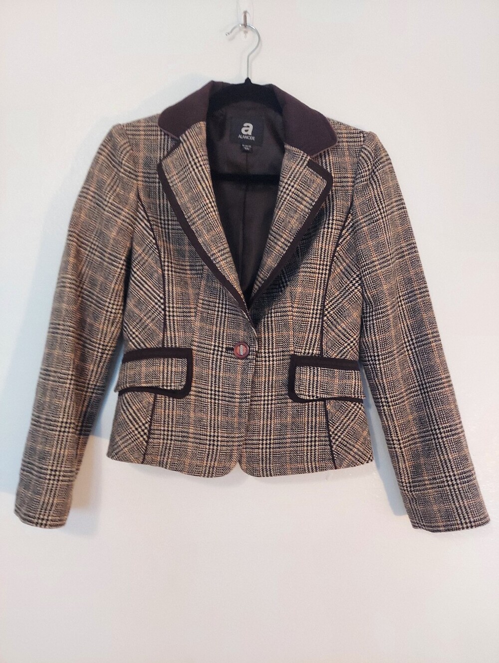 Alamode Women's VTG Wool Blend Suede Collar/Trim Plaid Blazer Size Petite Small